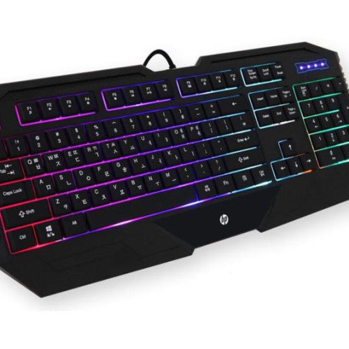 HP K110 Wired Gaming Keyboard | 104 Keys · Full-Size Membrane | 4-Colour LED Backlight · 26-Key Anti-Ghosting | 10 Million Keystrokes · Built-in Palm Rest | Black
