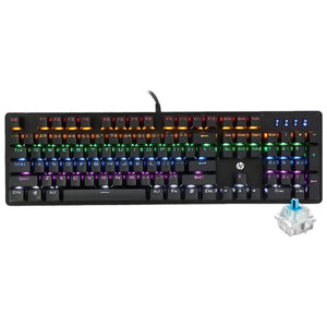 HP GK100F Mechanical Gaming Keyboard | 104 Keys · Blue Mechanical Switches | RGB Backlight · 6-Key / 104-Key Anti-Ghosting | 50 Million Keystrokes · 1.8 m USB | Black