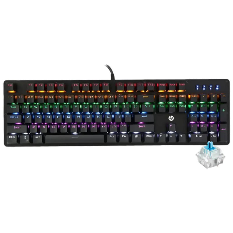 HP GK100F Mechanical Gaming Keyboard | 104 Keys · Blue Mechanical Switches | RGB Backlight · 6-Key / 104-Key Anti-Ghosting | 50 Million Keystrokes · 1.8 m USB | Black