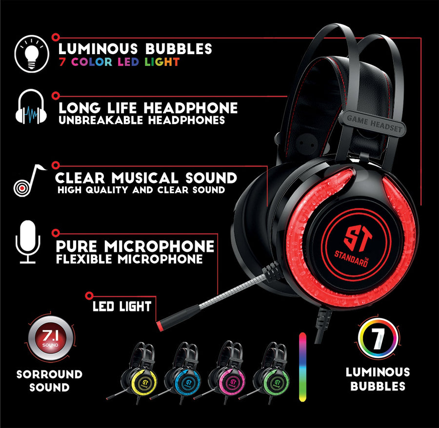 ST Standard GM06 Gaming Headset | 50mm Drivers | USB 7.1 Surround | 7-Colour LED · 2.3m Cable | 16Ω · 20Hz-20kHz