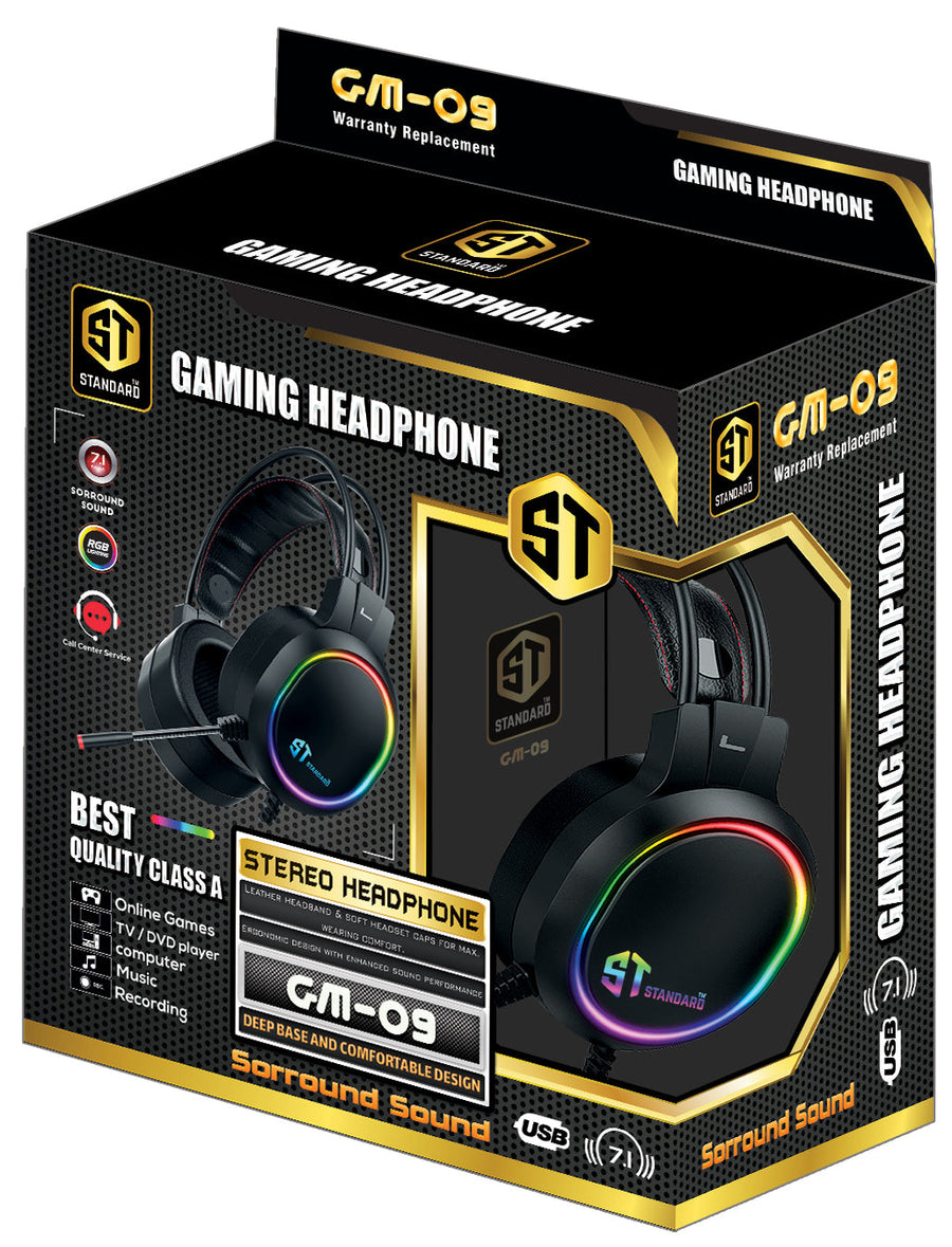 ST Standard GM09 Gaming Headset | 50mm Drivers | Virtual 7.1 Surround via USB | RGB · LED Microphone · 2.3m Cable | 16Ω