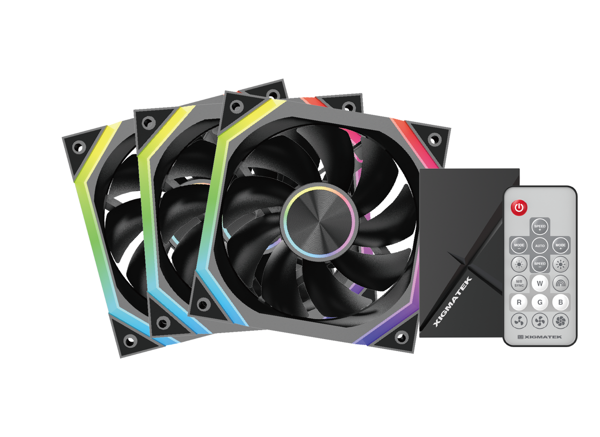 XIGMATEK Infinity H27A ARGB Case Fan | 120mm · 3-Pack · Controller Box + Remote | PWM 1500 RPM · 40.60 CFM | 0.539 mmH2O · <19.70 dBA · Hydro Bearing | Black
