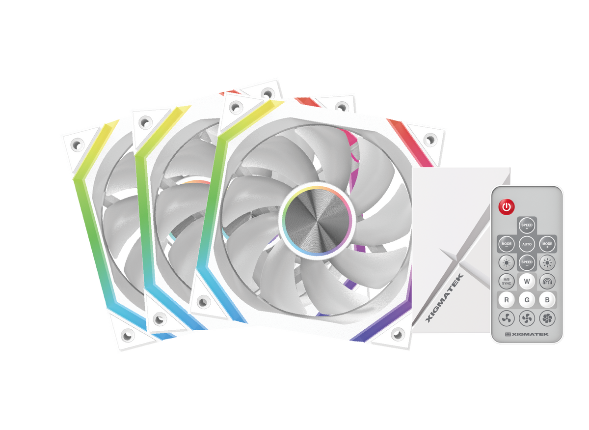 XIGMATEK Infinity H27A Arctic ARGB Case Fan | 120mm · 3-Pack · Controller Box + Remote | PWM 1500 RPM · 40.60 CFM | 0.539 mmH2O · <19.70 dBA · Hydro Bearing | White