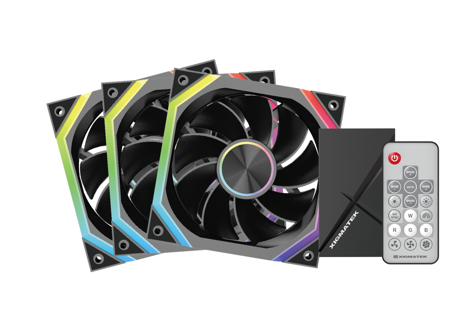 XIGMATEK Infinity H27A Reverse ARGB Case Fan | 120mm · 3-Pack · Reverse Blade | Controller Box + Remote | PWM 1500 RPM ·
