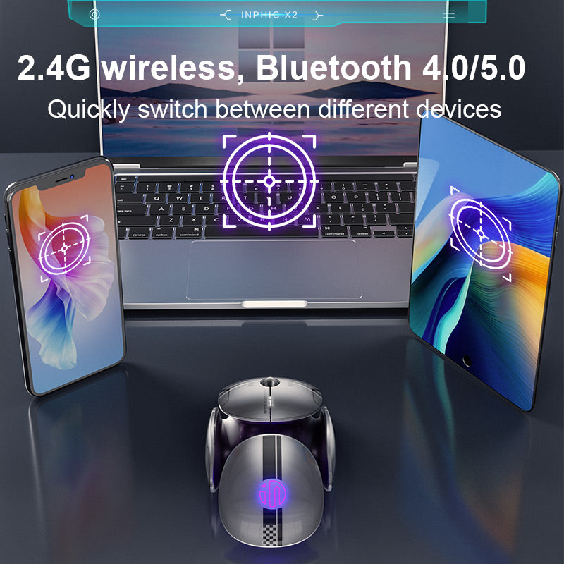 Inphic X2 Wireless Mouse | Bluetooth 5.0 · 4.0 + 2.4GHz Tri-Mode | 800-2400 DPI | Silent Click | 300mAh USB-C | Silver