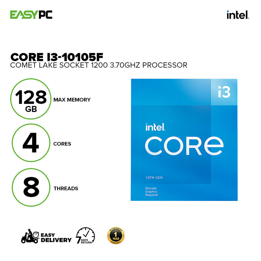Intel Core i3-10105F Desktop Processor — Retail Boxed | 4 Cores · 8 Threads | 3.70 GHz Base · Up to 4.40 GHz | 6MB Cache