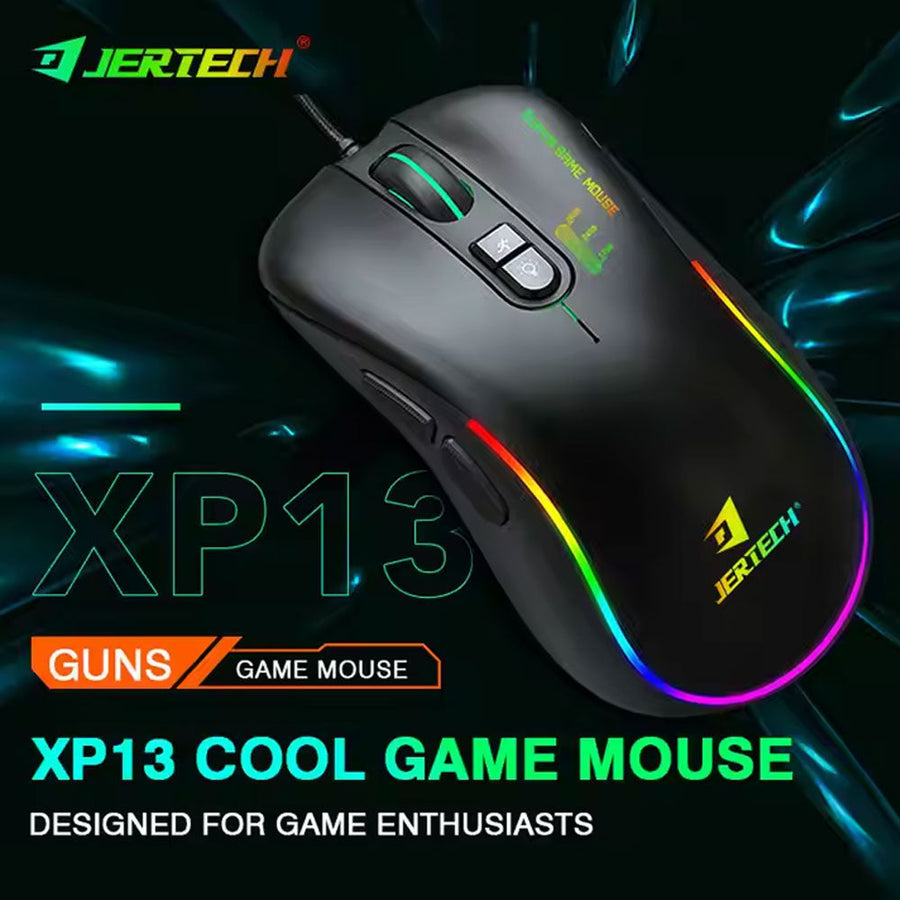 Jertech XP13 GUNS Wired Gaming Mouse | 3600 DPI Optical | 7 Buttons | 1000Hz Polling | Rainbow RGB Backlight | Black