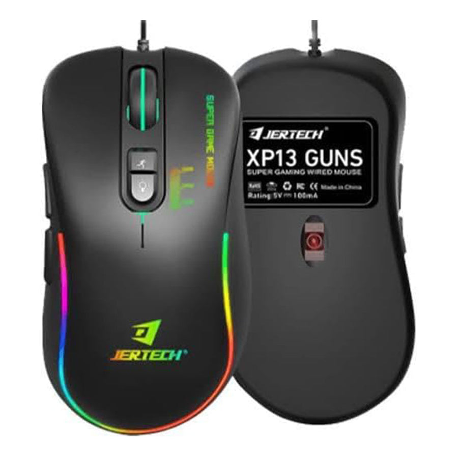 Jertech XP13 GUNS Wired Gaming Mouse | 3600 DPI Optical | 7 Buttons | 1000Hz Polling | Rainbow RGB Backlight | Black