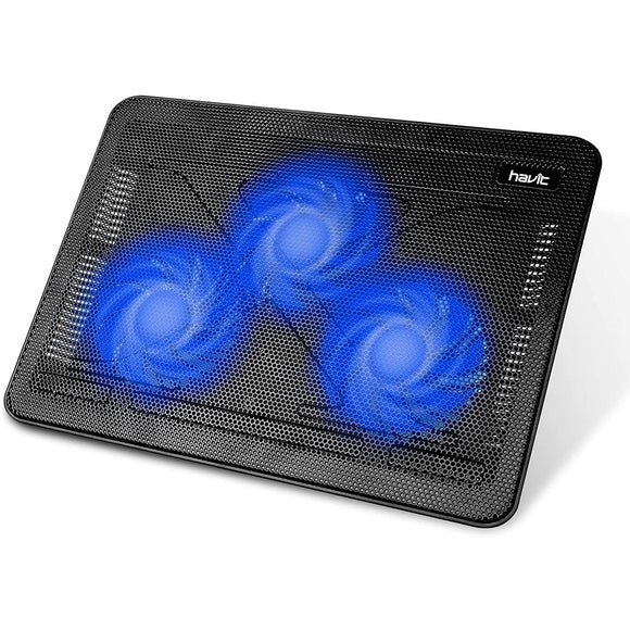 HAVIT F2069 Laptop Cooling Pad | Fits Laptops up to 17-inch | 4 Fans · Blue LED | Dual USB Hub | Adjustable Height · Metal Mesh Panel | Black