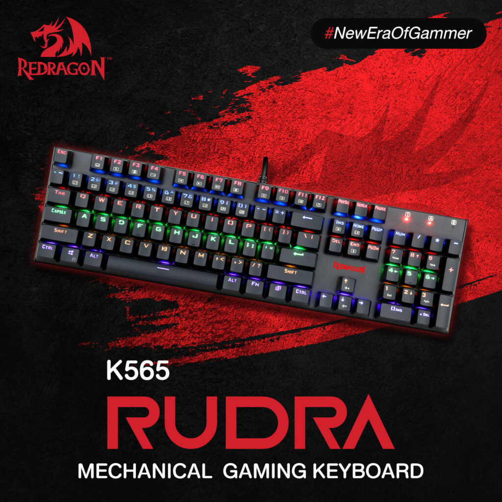 Redragon K565R RUDRA Mechanical Gaming Keyboard | Full-Size 104 Keys with Numpad | Rainbow LED Backlight | Full-Key Anti-Ghosting | Aluminium + ABS Frame | Spill-Proof Design | 12 Multimedia Keys | Gold-Plated USB | No Software Needed