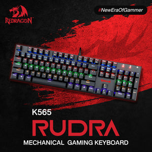 Redragon K565R RUDRA Mechanical Gaming Keyboard | Full-Size 104 Keys with Numpad | Rainbow LED Backlight | Full-Key Anti-Ghosting | Aluminium + ABS Frame | Spill-Proof Design | 12 Multimedia Keys | Gold-Plated USB | No Software Needed
