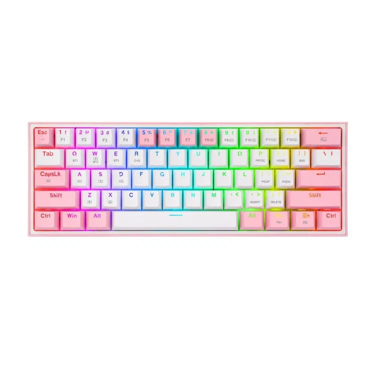 Redragon K616 FIZZ PRO 60% Mechanical Gaming Keyboard | 3-Mode: USB-C Wired + 2.4GHz + Bluetooth | 61 Keys, Full Rollover | HUANO Linear Red Switches, Hot-Swap | Up to 20 RGB Backlight Modes | Software Support | Black · White/Pink