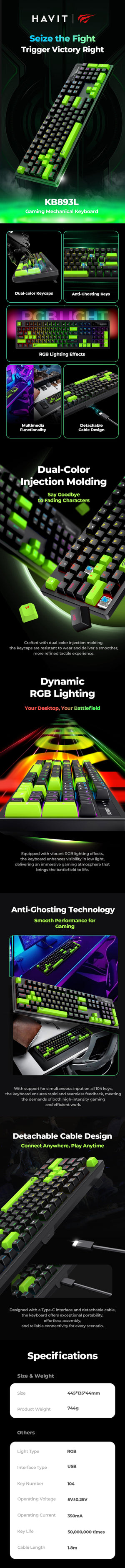 Havit Gamenote KB893L Wired RGB Mechanical Gaming Keyboard | 104-Key Full Size | Dynamic RGB Backlight | Full 104-Key N-Key Rollover | 50M-Keystroke Switches | Detachable 1.8m USB Type-C | Double-Shot Keycaps | 744g | Windows · macOS