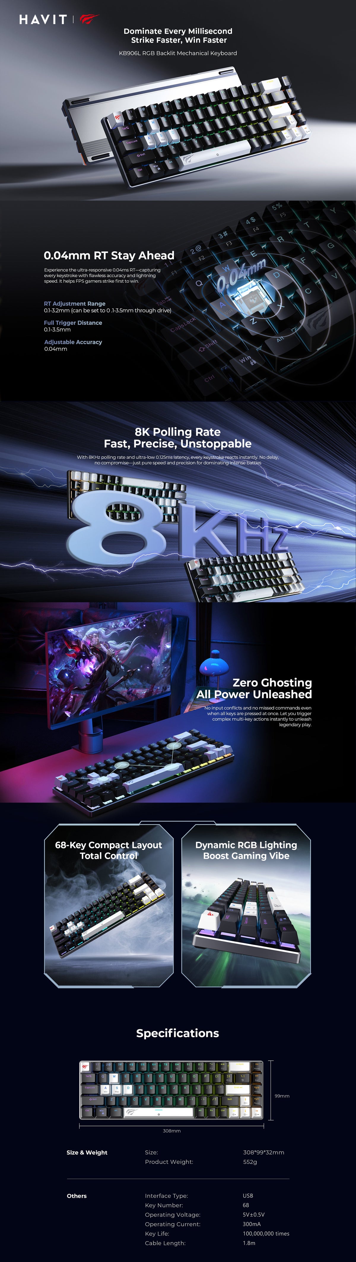 Havit KB906L Wired RGB Mechanical Gaming Keyboard | 68-Key Compact | 8000Hz Polling / 0.04ms Response | Adjustable Actuation 0.1-3.5mm | Full N-Key Rollover, Zero Ghosting | 100M-Press Key Life | Per-Key RGB | 1.8m USB | Win · macOS · Linux