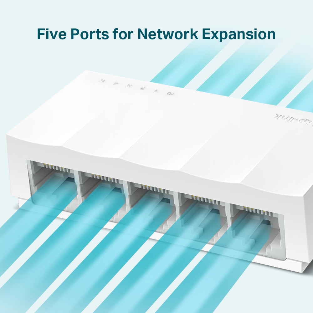 TP-Link LS1005 5-Port 10/100Mbps Desktop Ethernet Switch | Auto-Negotiation · Auto MDI/MDIX | Plug and Play · Fanless | IEEE 802.3x Flow Control | 1.65W