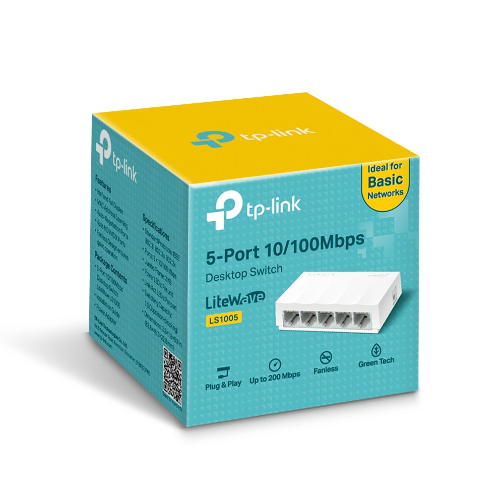 TP-Link LS1005 5-Port 10/100Mbps Desktop Ethernet Switch | Auto-Negotiation · Auto MDI/MDIX | Plug and Play · Fanless | IEEE 802.3x Flow Control | 1.65W