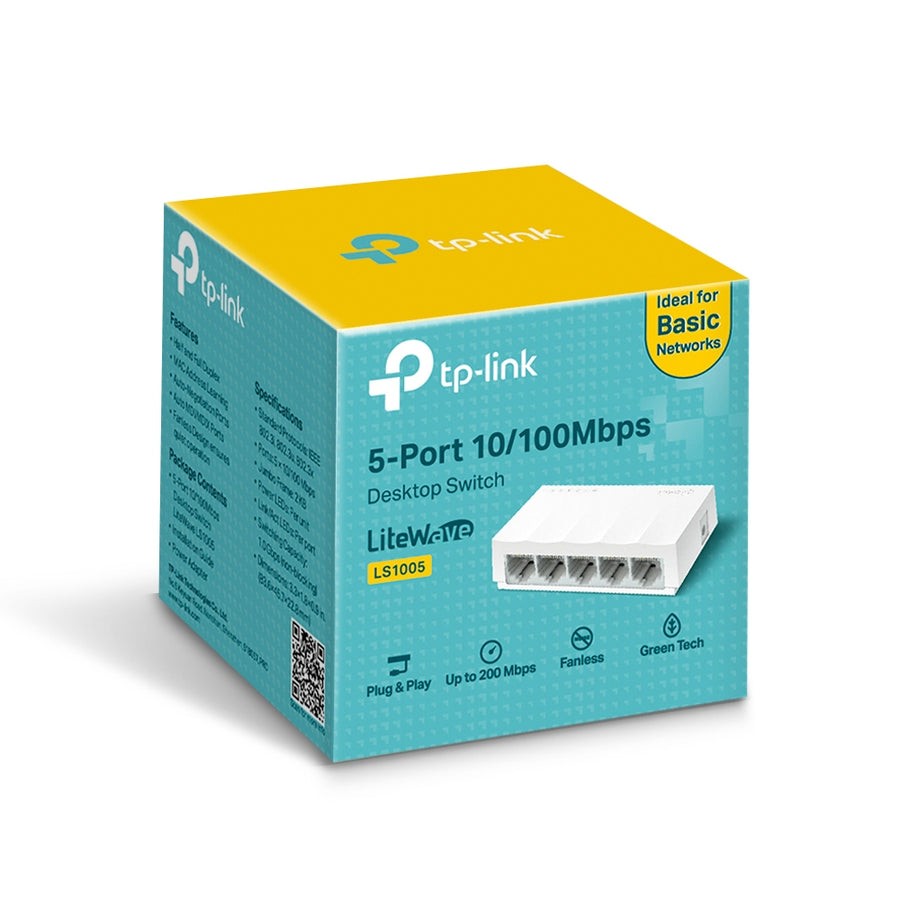 TP-Link LS1005 5-Port 10/100Mbps Desktop Ethernet Switch | Auto-Negotiation · Auto MDI/MDIX | Plug and Play · Fanless | 