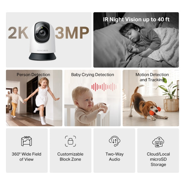MERCUSYS MC210 2K Pan/Tilt Home Security Wi-Fi Camera | 2304×1296 3MP · 1/3" CMOS · F2.0 4 mm | 360° Pan · 110° Tilt Cov