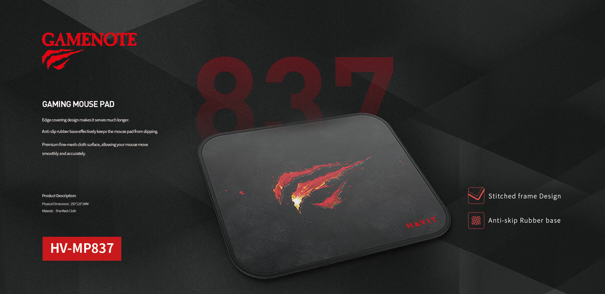 HAVIT Gamenote HV-MP837 Gaming Mouse Pad | 250 x 210 x 2 mm Compact Desk Size | Cloth Surface with Rubber Base | Black