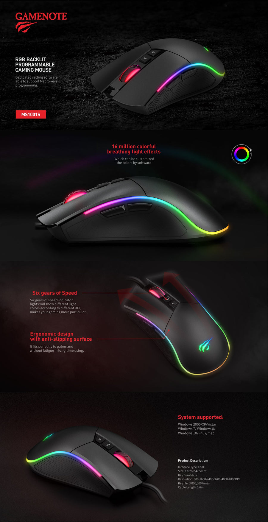 HAVIT Gamenote MS1001 Wired RGB Gaming Mouse | 7 Programmable Buttons | RGB Backlight | USB | Black