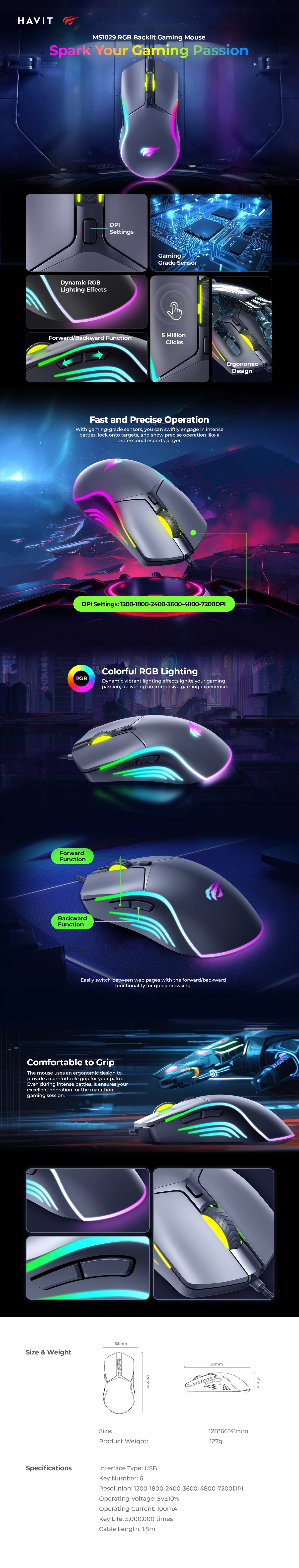 Havit MS1029 RGB Backlit Wired Gaming Mouse | 7200 DPI (6 Levels: 1200-7200) | 5M-Click Switches | Dynamic RGB Lighting | 1.5m USB Cable | 128x66x41mm | 127g | Windows, macOS & Linux