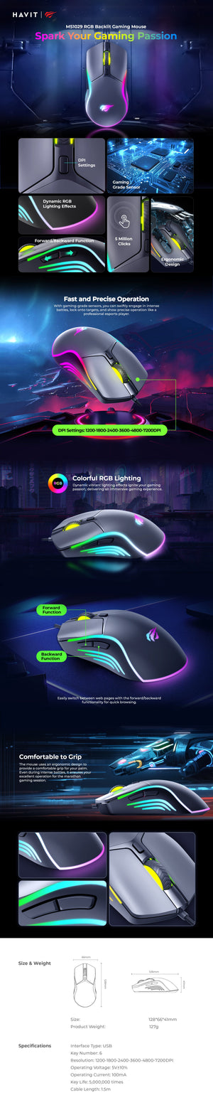 Havit MS1029 RGB Backlit Wired Gaming Mouse | 7200 DPI (6 Levels: 1200-7200) | 5M-Click Switches | Dynamic RGB Lighting | 1.5m USB Cable | 128x66x41mm | 127g | Windows, macOS & Linux