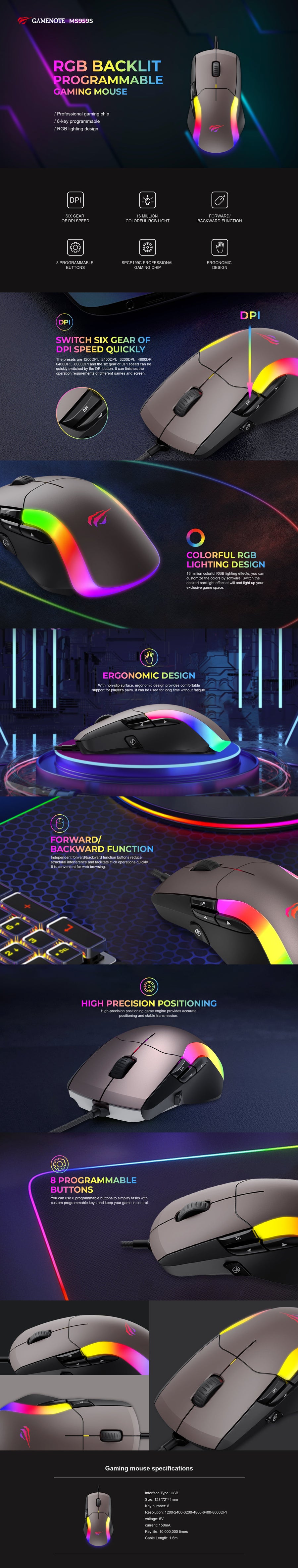 HAVIT MS959S Wired RGB Gaming Mouse | 8 Buttons | 10M-Click Switches · 118 g | 1.6 m Braided Cable | RGB Backlight | Bla