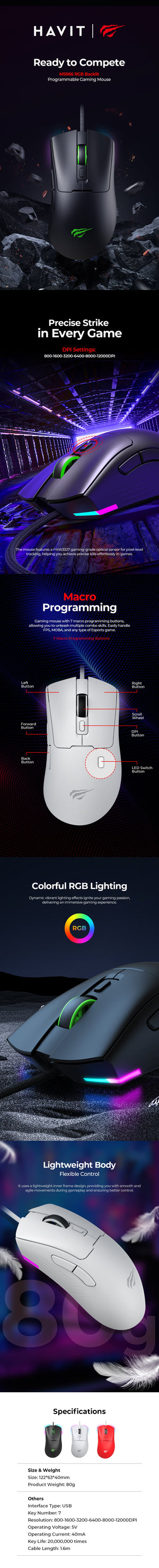Havit MS966 Wired RGB Gaming Mouse | PAW3327 Optical Sensor | 6-Step DPI 800/1600/3200/6400/8000/12000 | 7 Fully Programmable Buttons | Dynamic RGB Backlight | 20M-Click Switches | 80g | 1.6m USB Cable | Windows · macOS · PS4 · PS5