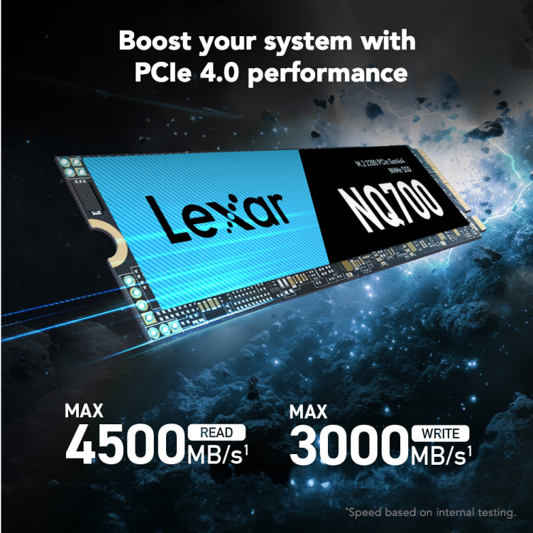 Lexar NQ700 1TB PCIe Gen4 NVMe SSD | PCIe Gen4 x4 · M.2 2280 | 4,200MB/s read · 2,100MB/s write | HMB + SLC cache · 350TBW | 3-year limited warranty
