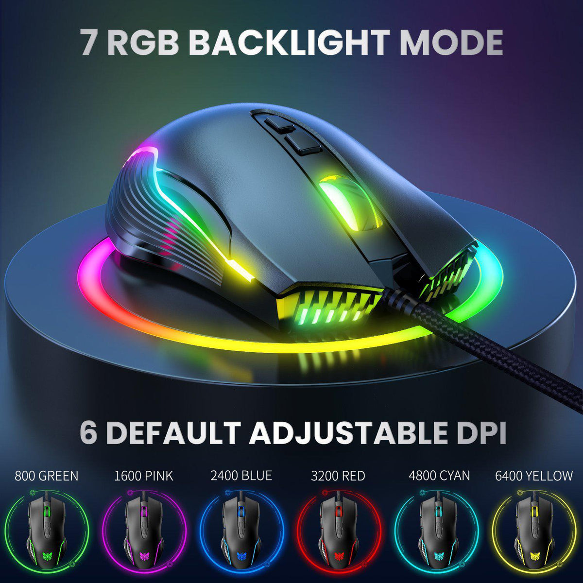 ONIKUMA CW905 Wired Gaming Mouse | 6400 DPI · 6 Adjustable Levels | 7 Buttons | 7 RGB Breathing Modes | 1.5 m USB Cable | 132 g