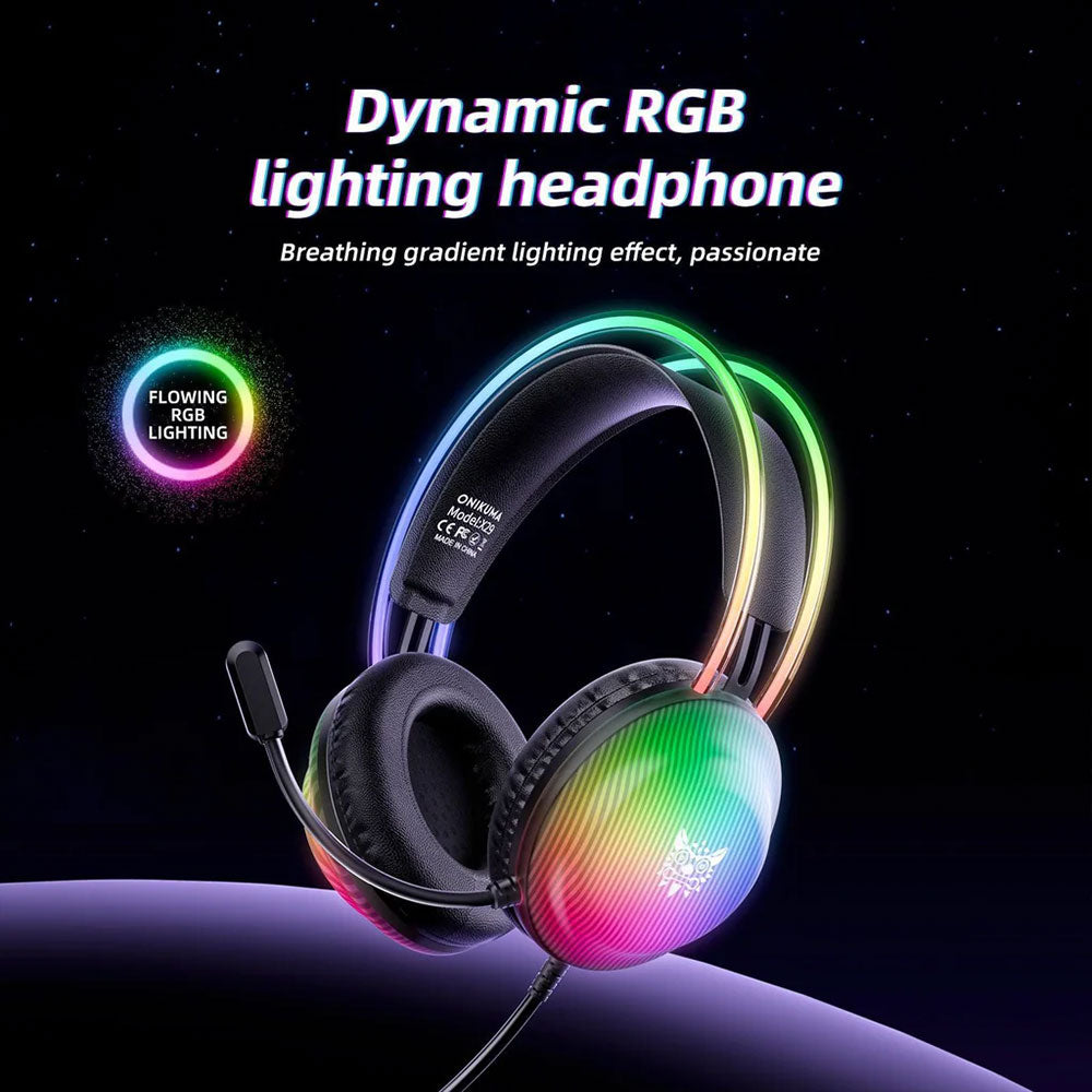 ONIKUMA X29 RGB Gaming Headset | 50mm Drivers | 20Hz-20kHz | 3.5mm + USB · 2.2m Cable | 360° Omnidirectional Noise-Reduction Mic | Black