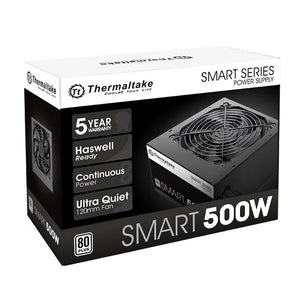 Thermaltake Smart SP-500AH2NKW 500W ATX Power Supply | 80 PLUS Standard · 82-86% Efficiency | Active PFC | Single +12V Rail 58.3A | 120 mm Fan | 2× PCIe 6+2 | Black