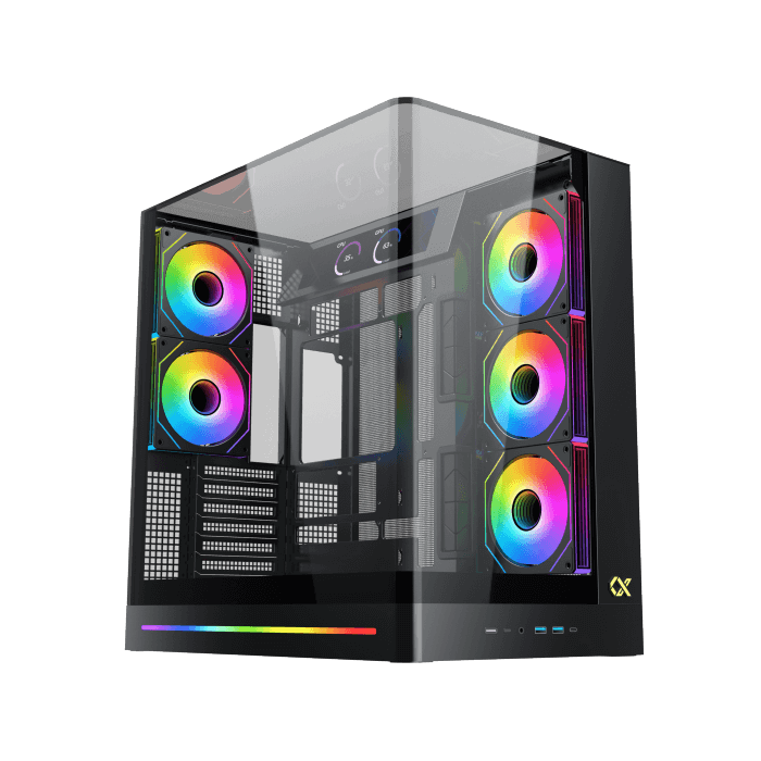 XIGMATEK Pano II LCD E-ATX PC Case | 9.18″ Full HD+ LCD Panel (1920×462) | 8× H22A ARGB PWM Fans · ARGB & PWM Remote Box | Curved Tempered Glass · Back-Plug (BTF) Support | 400mm GPU · 165mm Cooler · 7 Slots | USB 3.0 ×2 · USB-C | Black