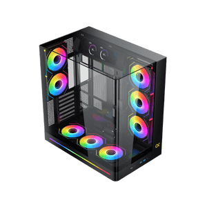 XIGMATEK Pano II LCD E-ATX PC Case | 9.18″ Full HD+ LCD Panel (1920×462) | 8× H22A ARGB PWM Fans · ARGB & PWM Remote Box | Curved Tempered Glass · Back-Plug (BTF) Support | 400mm GPU · 165mm Cooler · 7 Slots | USB 3.0 ×2 · USB-C | Black