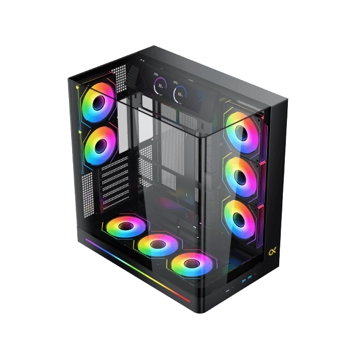 XIGMATEK Pano II LCD E-ATX PC Case | 9.18″ Full HD+ LCD Panel (1920×462) | 8× H22A ARGB PWM Fans · ARGB & PWM Remote Box | Curved Tempered Glass · Back-Plug (BTF) Support | 400mm GPU · 165mm Cooler · 7 Slots | USB 3.0 ×2 · USB-C | Black