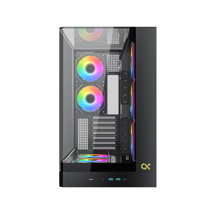 XIGMATEK Pano II LCD E-ATX PC Case | 9.18″ Full HD+ LCD Panel (1920×462) | 8× H22A ARGB PWM Fans · ARGB & PWM Remote Box | Curved Tempered Glass · Back-Plug (BTF) Support | 400mm GPU · 165mm Cooler · 7 Slots | USB 3.0 ×2 · USB-C | Black