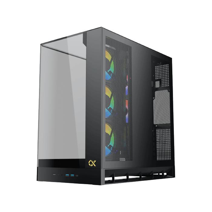 XIGMATEK Pano II LCD E-ATX PC Case | 9.18″ Full HD+ LCD Panel (1920×462) | 8× H22A ARGB PWM Fans · ARGB & PWM Remote Box | Curved Tempered Glass · Back-Plug (BTF) Support | 400mm GPU · 165mm Cooler · 7 Slots | USB 3.0 ×2 · USB-C | Black
