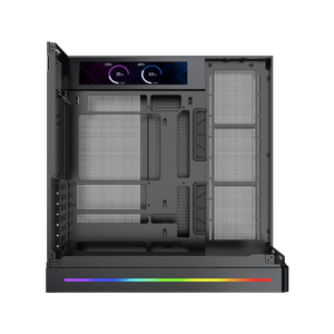 XIGMATEK Pano II LCD E-ATX PC Case | 9.18″ Full HD+ LCD Panel (1920×462) | 8× H22A ARGB PWM Fans · ARGB & PWM Remote Box | Curved Tempered Glass · Back-Plug (BTF) Support | 400mm GPU · 165mm Cooler · 7 Slots | USB 3.0 ×2 · USB-C | Black
