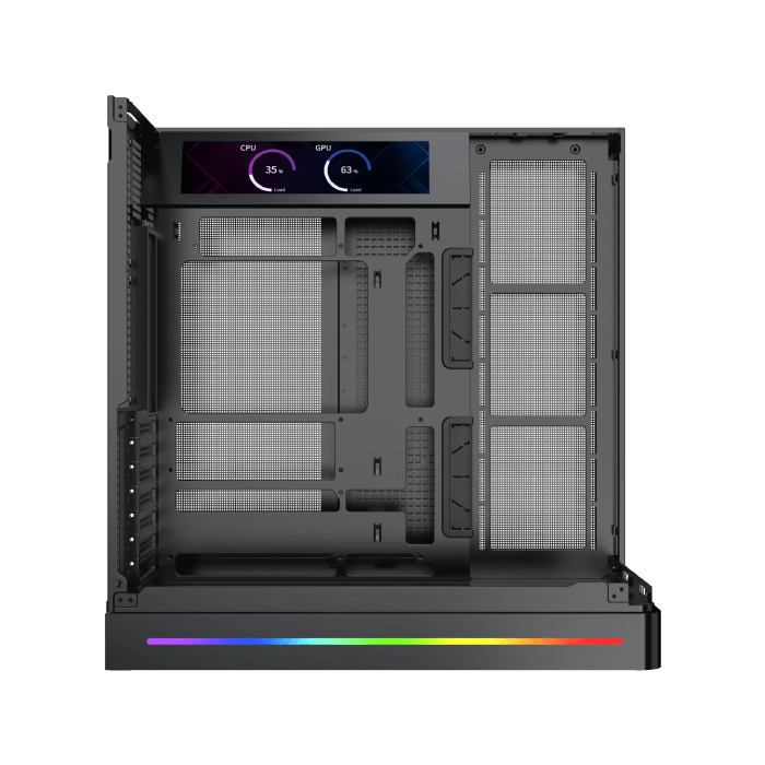 XIGMATEK Pano II LCD E-ATX PC Case | 9.18″ Full HD+ LCD Panel (1920×462) | 8× H22A ARGB PWM Fans · ARGB & PWM Remote Box | Curved Tempered Glass · Back-Plug (BTF) Support | 400mm GPU · 165mm Cooler · 7 Slots | USB 3.0 ×2 · USB-C | Black