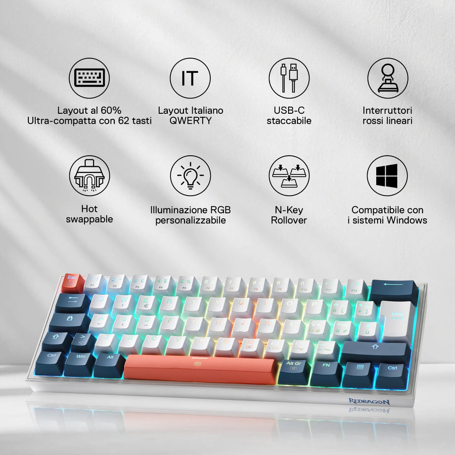 Redragon Fizz K617 60% Mechanical Gaming Keyboard | 61 Keys | Hot-Swappable Outemu Red Linear Switches (40g) | 16.8M RGB