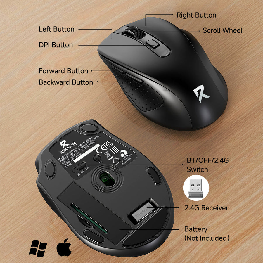 Redragon BM-4091 Wireless Mouse | Bluetooth 5.0 · 3.0 + 2.4GHz | 4000 DPI · 5 Levels | 6 Buttons | Up to 18-Month AA Bat