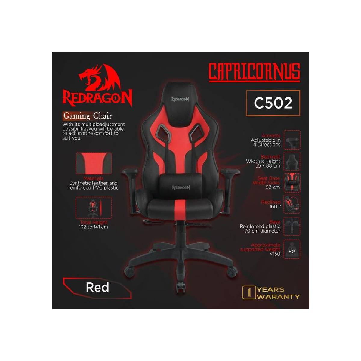 Redragon Capricornus C502 Gaming Chair | PU/PVC Upholstery · Shape Sponge | 4D Armrests · 90-175° Recline · 360° Swivel | 350 mm Nylon Base · 60 mm Racing Casters | White