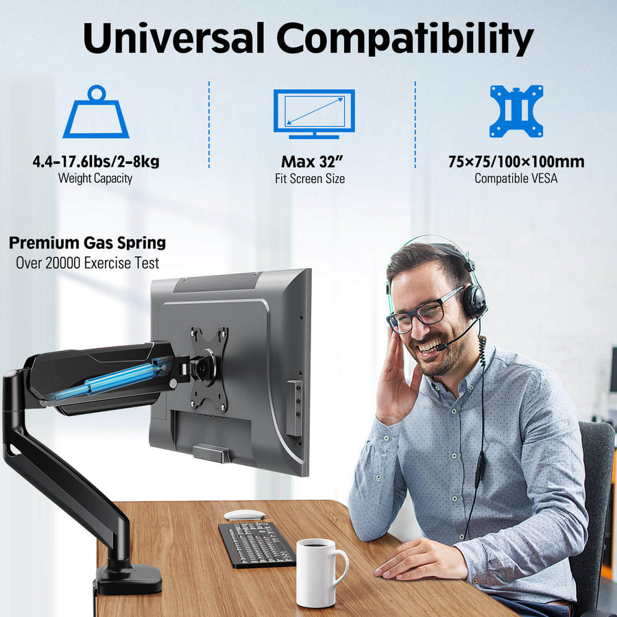 Redragon GMK914 Single Monitor Mount Stand | Gas-spring full-motion arm | 13-32 inch screens | VESA 75 x 75 · 100 x 100 