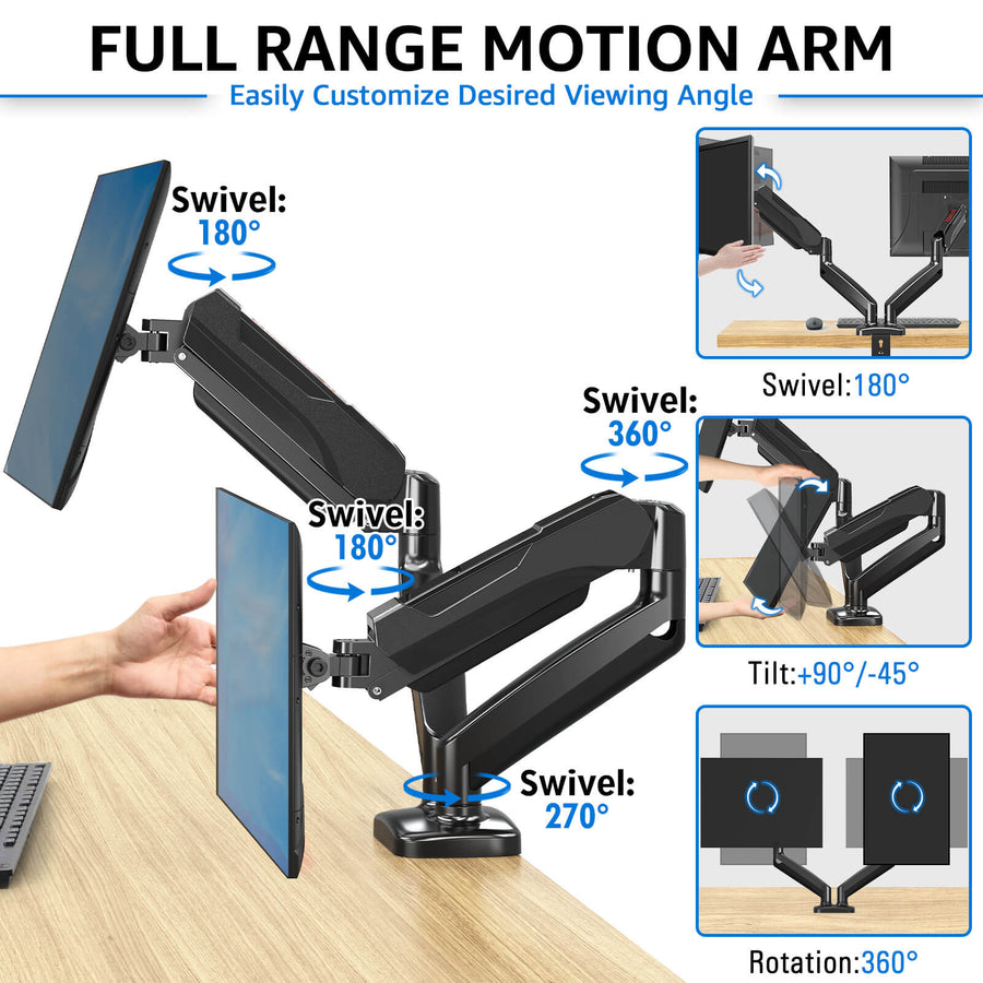 Redragon GMK915 Dual Monitor Mount Stand | Gas-Spring Full-Motion Arms | 13-32" Screens | VESA 75x75 / 100x100 | 4.4-17.