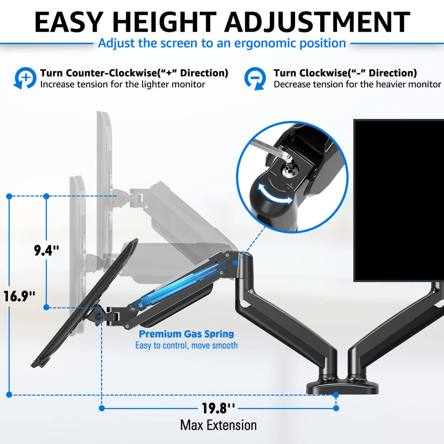 Redragon GMK915 Dual Monitor Mount Stand | Gas-Spring Full-Motion Arms | 13-32" Screens | VESA 75x75 / 100x100 | 4.4-17.