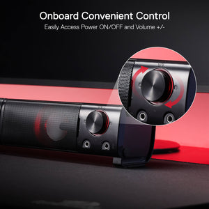 Redragon GS550 Orpheus PC Gaming Speakers | 2.0 Channel Stereo | 2 x 3W Max Power (6W Total) | Red LED Backlight | USB Powered | 3.5mm Audio + Mic Jack | 2-in-1 Split or Merged Soundbar Design | Volume Knob | 1.45 lb