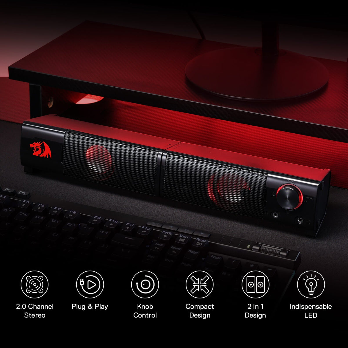 Redragon GS550 Orpheus PC Gaming Speakers | 2.0 Channel Stereo | 2 x 3W Max Power (6W Total) | Red LED Backlight | USB Powered | 3.5mm Audio + Mic Jack | 2-in-1 Split or Merged Soundbar Design | Volume Knob | 1.45 lb