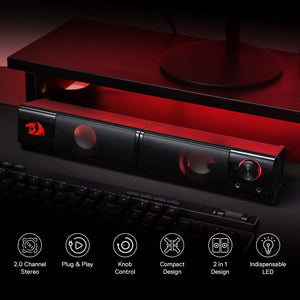 Redragon GS550 Orpheus PC Gaming Speakers | 2.0 Channel Stereo | 2 x 3W Max Power (6W Total) | Red LED Backlight | USB Powered | 3.5mm Audio + Mic Jack | 2-in-1 Split or Merged Soundbar Design | Volume Knob | 1.45 lb