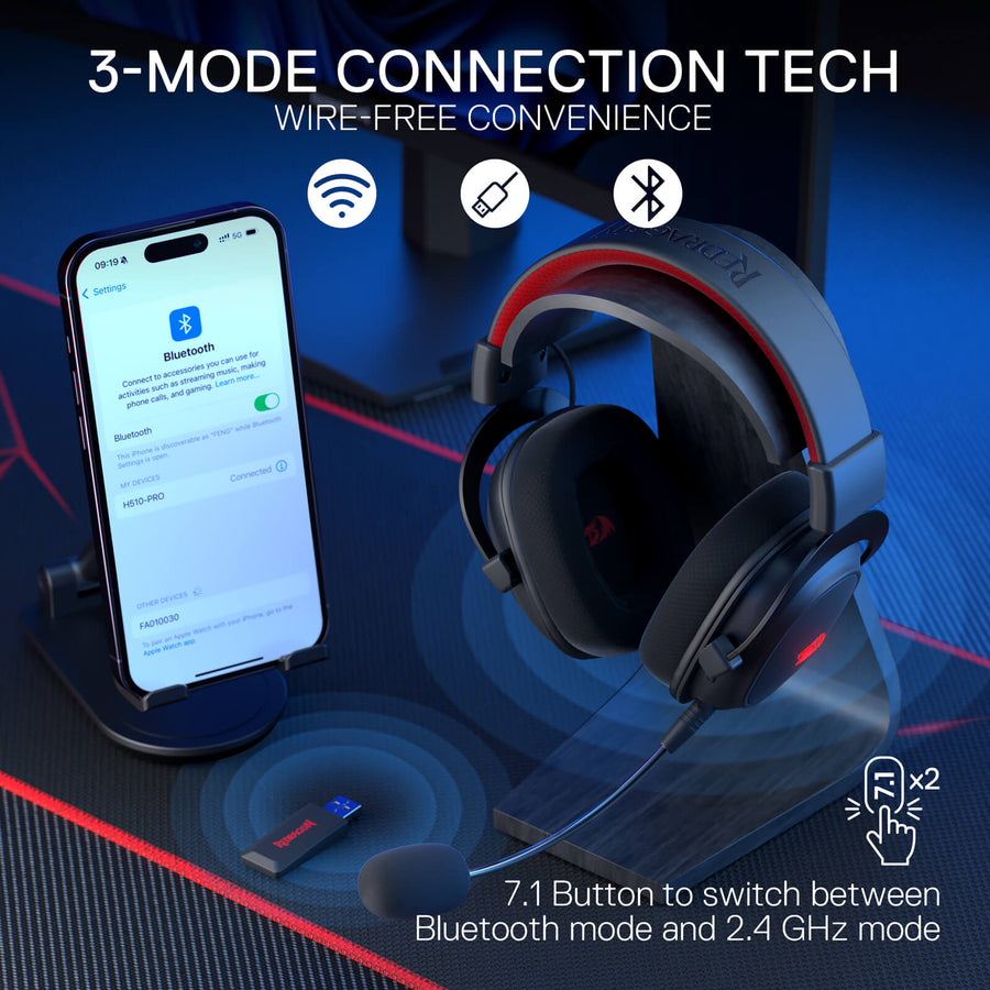 Redragon Zeus H510 Pro RGB Wireless Gaming Headset | 53mm Drivers | 2.4GHz · Bluetooth 5.0 · USB Wired | Virtual 7.1 | D