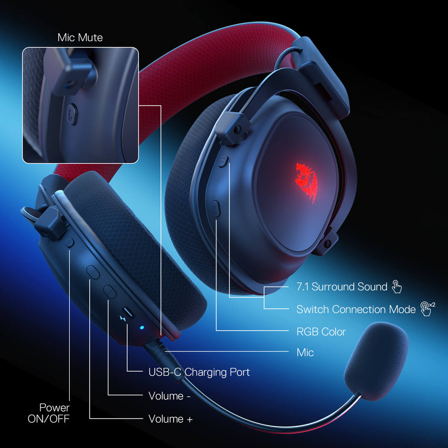 Redragon Zeus H510 Pro RGB Wireless Gaming Headset | 53mm Drivers | 2.4GHz · Bluetooth 5.0 · USB Wired | Virtual 7.1 | D